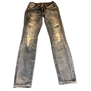 Rock Revival Vien Mid-Rise Ankle Skinny Jeans Size 26 Bling Distressed 2016 Y2K